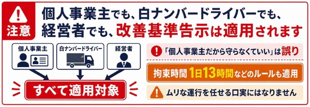 改善基準告示は個人事業主でも経営者でも白ナンバーでも適用される！